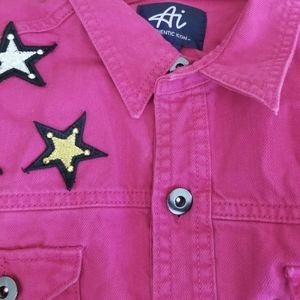 American Idol Star Hot Pink Black Gold White Fuschia Jean Denim Jacket Size L